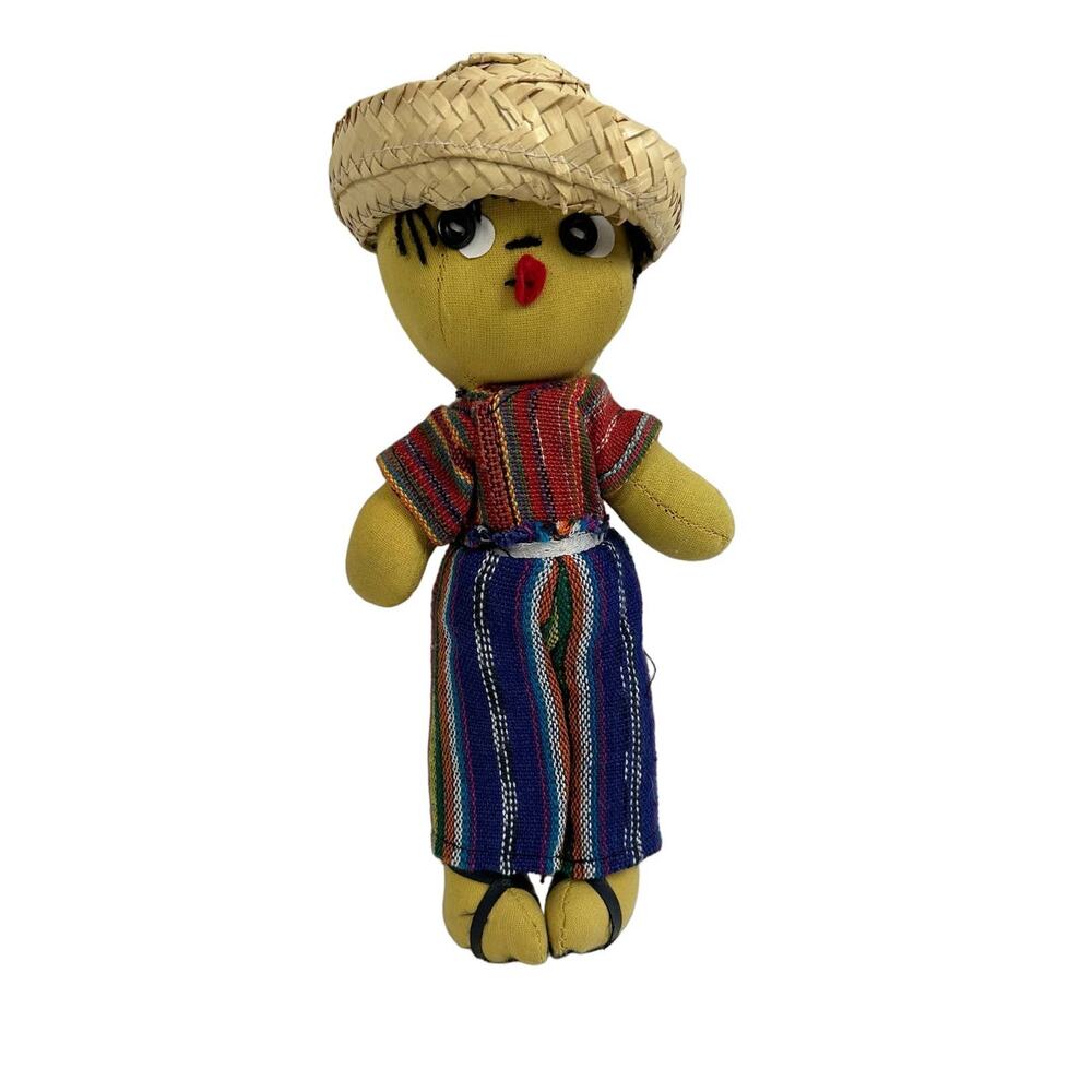 Handmade Folk Cloth Rag Doll Belize Boy Man Straw Hat